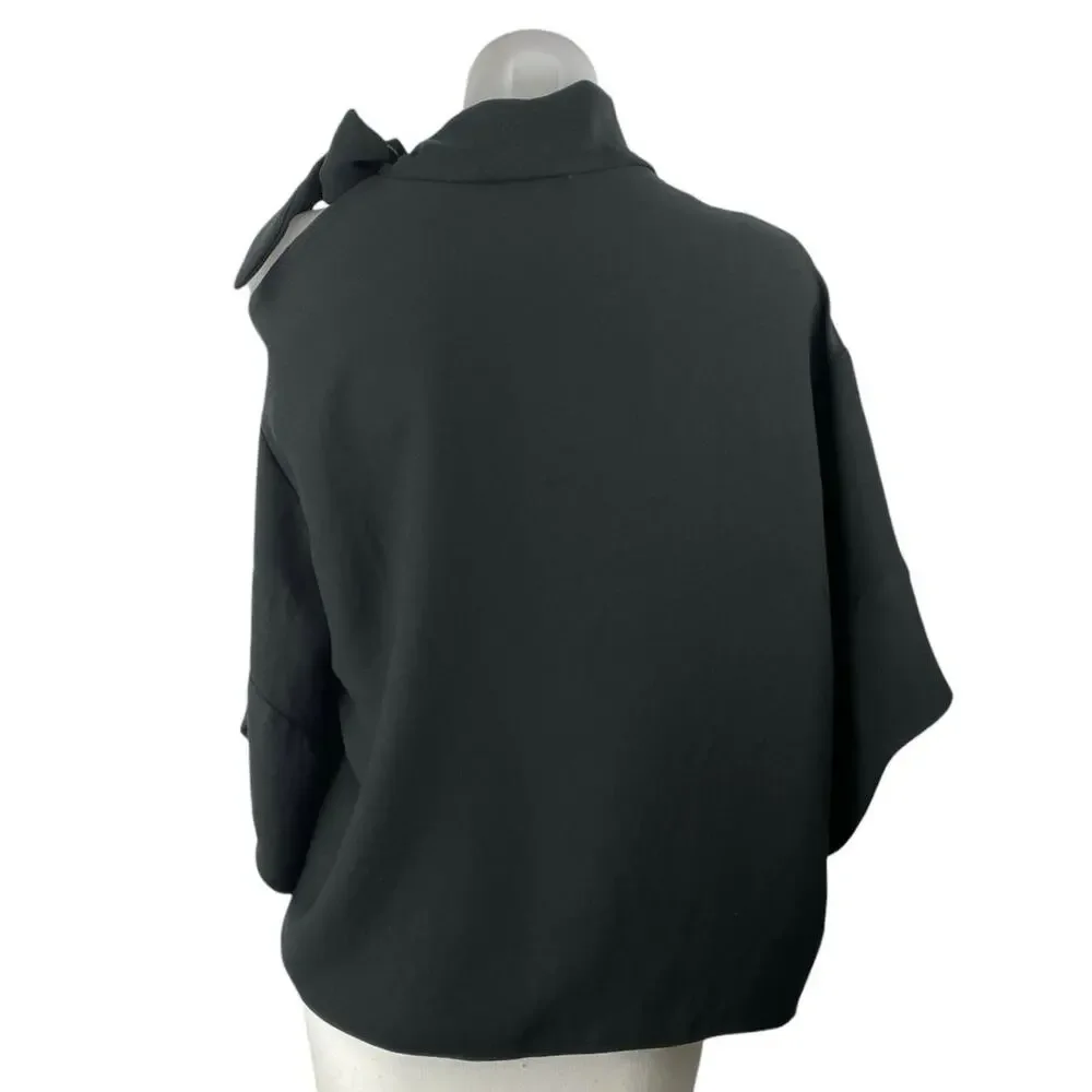 IRO Women Black Cutout Tie Neck Bow Relaxed Long Sleeve Poncho Blouse Top Size 6 - Picture 2 of 4